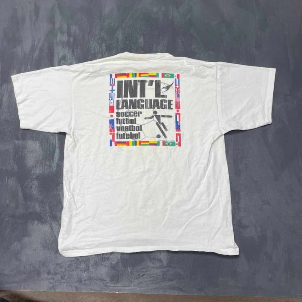 Vintage Soccer Int'l Language Shirt Mens XL White 1990s Fair Dinkum Aussie